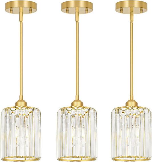 Gold Kitchen Pendant Lights Over Island with Adjustable Rods - Crystal Pendant Lighting Fixtures 3 Pack, Ideal Over Dining Table or Bar, E26 Bulb Compatible, No Electrician Needed