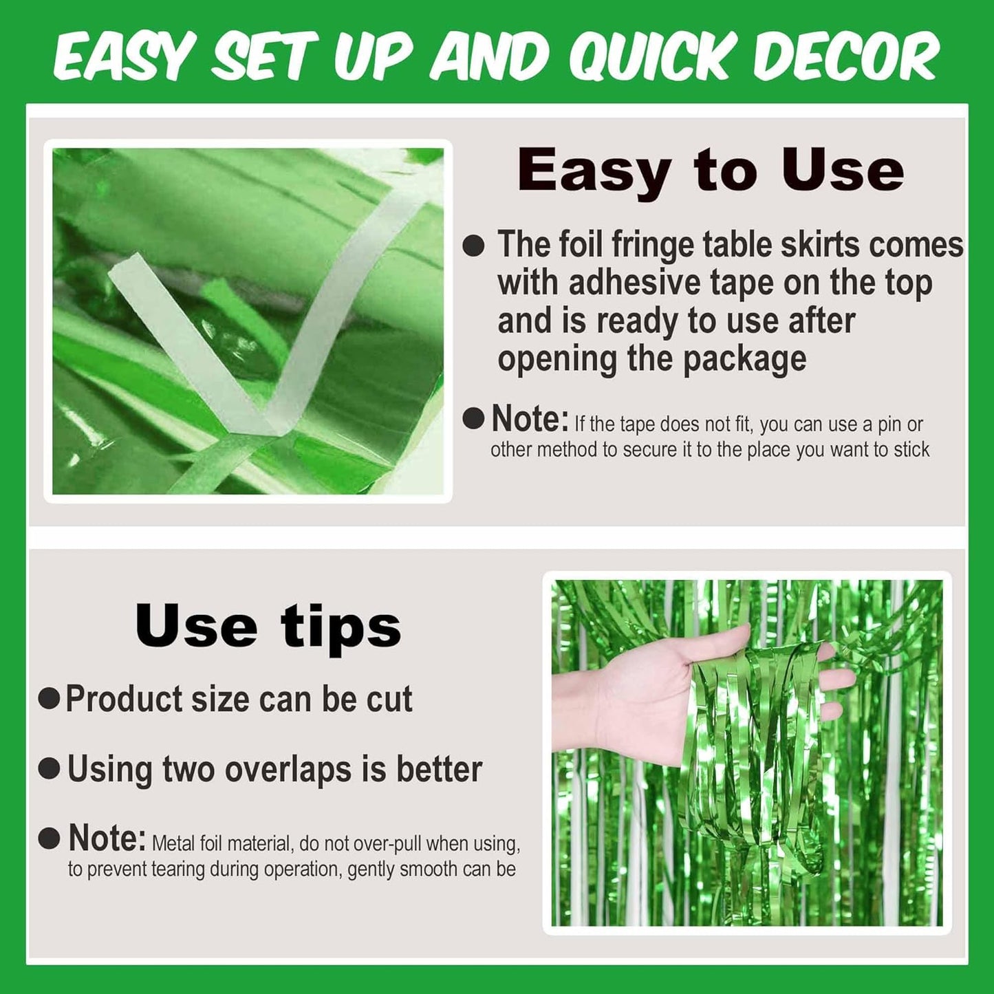 3 Pack 29 x108 Inch Light Green Foil Fringe Table Skirts Metallic Banner for Tinsel Streamer Garland Backdrop for Parade Floats Mother's Day, Graduate, Birthday, Wedding Party Decoration