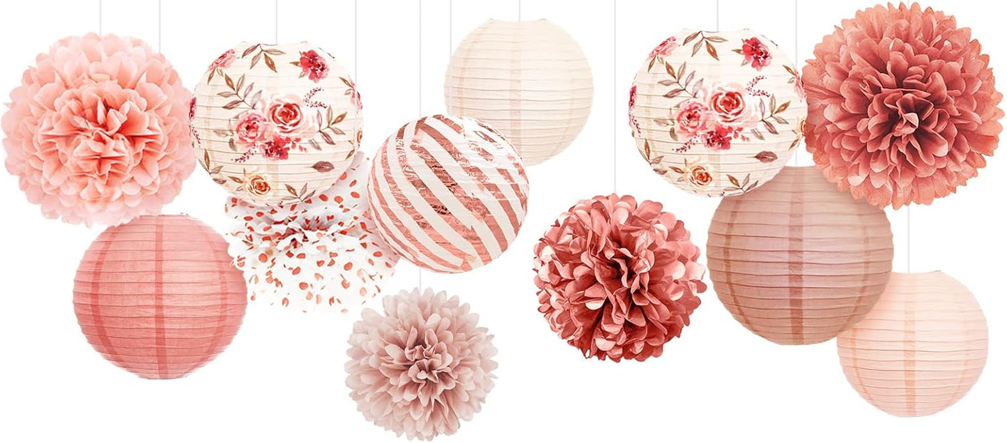 NICROLANDEE Wedding Party Decorations, 12 PCS Rose Pink Floral Paper Lanterns Tissue Pom Poms Backdrop Decoration for Pink Boho Wedding Bridal Shower Birthday Tea Party Decor