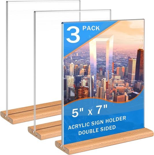 Kersally Acrylic Sign Holder 5 x 7, 3 Pack Double-Sided Clear Table Display Stands with Wood Base,Vertical Acrylic Frame Menu Flyer Paper Holder for Stores, Restaurants, Hotels, Office, Show Fair