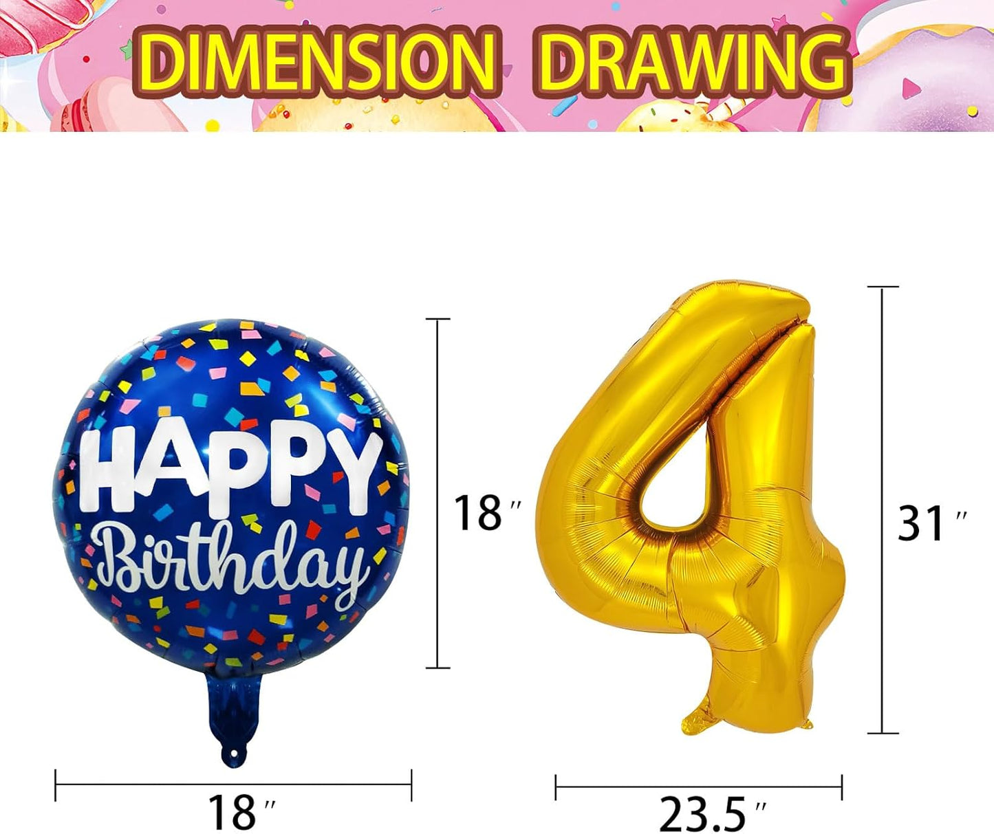 50 Pcs Happy Birthday Party Aluminum Foil Balloons and 4th Birthday Balloons, 18 Inch Round Aluminum Foil Balloon with" Happy Birthday" Sign, Birthday Party Decorations for Boys/Girls (4)