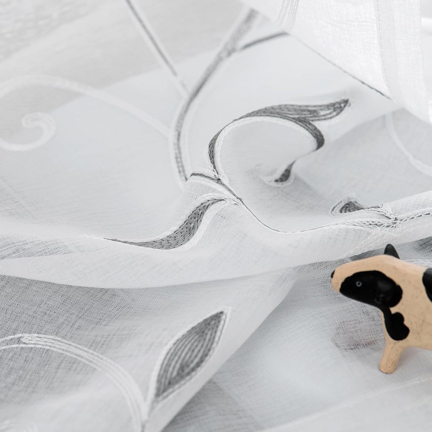 VISIONTEX White Sheer Voile Curtains Loop Embroidered, Decorative Grey Leaves Embroidery Faux Linen, Rod Pocket Window Drapes for Rustic Farmhouse Bedroom 54 x 84 Inch, Set of 2 Panels