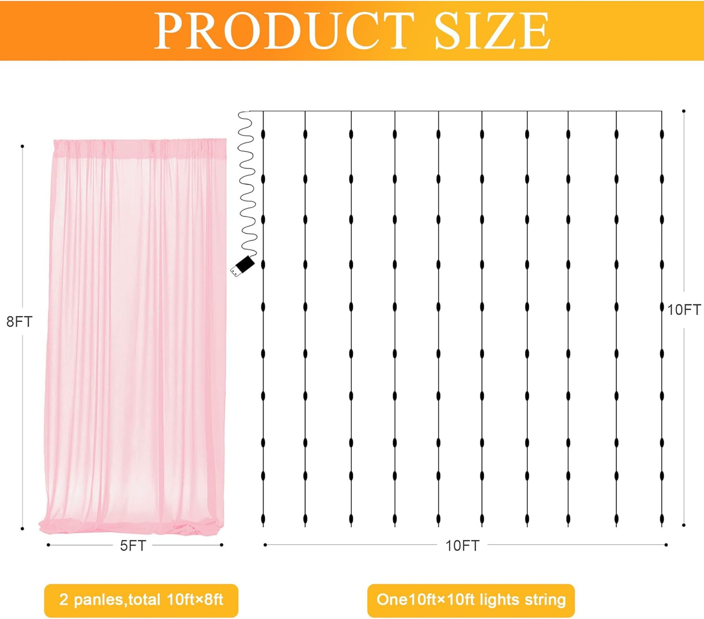Fomcet Pink Tulle Backdrop Curtains with Lights String 10FT X 8FT Sheer Curtain with Lights Tulle Curtains Backdrop for Wedding Birthday Party Baby Shower Photo Shoot (2 Panels 5x8FT)