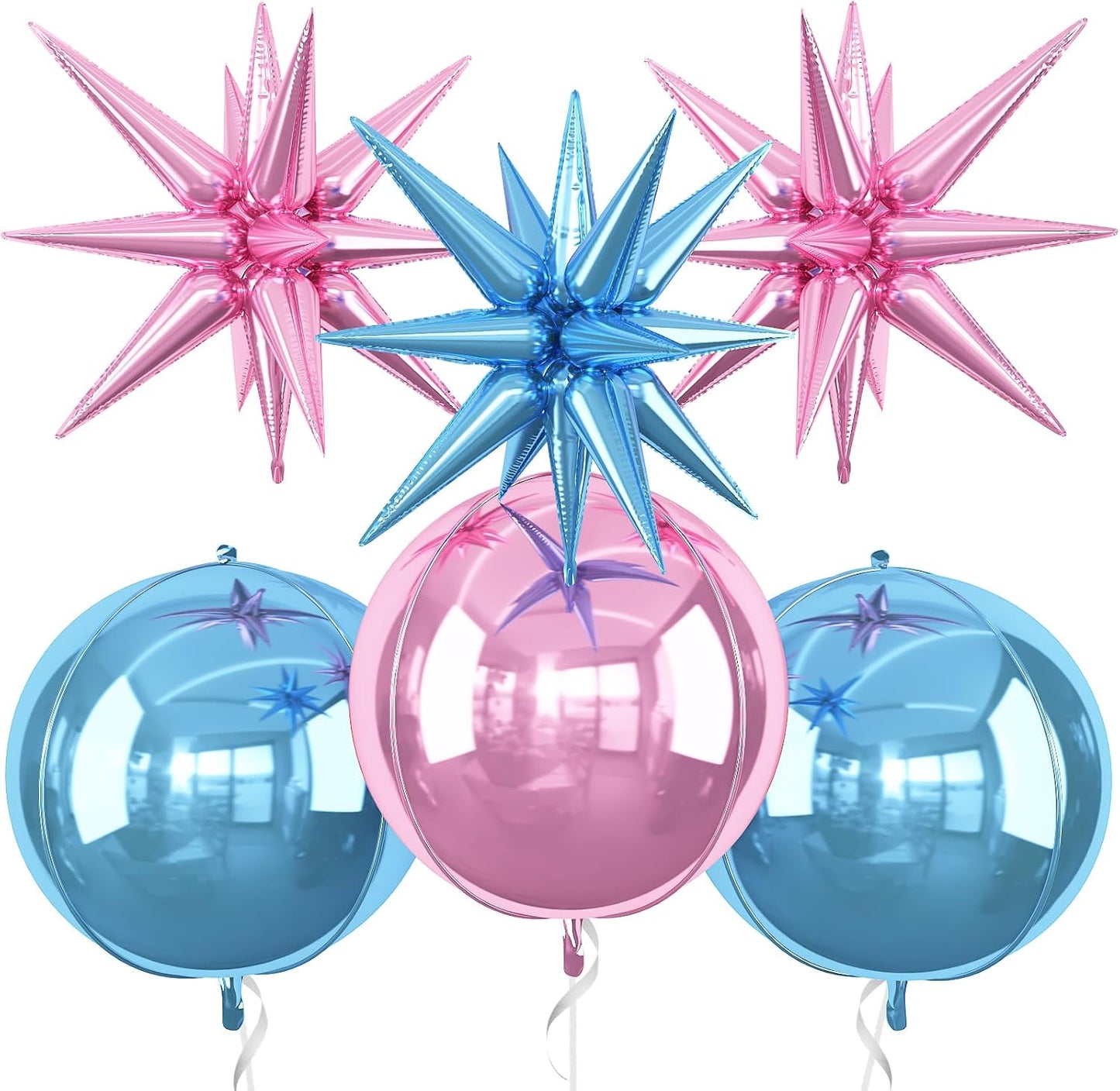 6Pcs Pink Blue Foil Balloons,22Inch Blue Pink 4D Round Ball Balloon and Explosion Star Balloon for Gender Reveal Birthday Wedding Baby Shower Anniversary Decorations