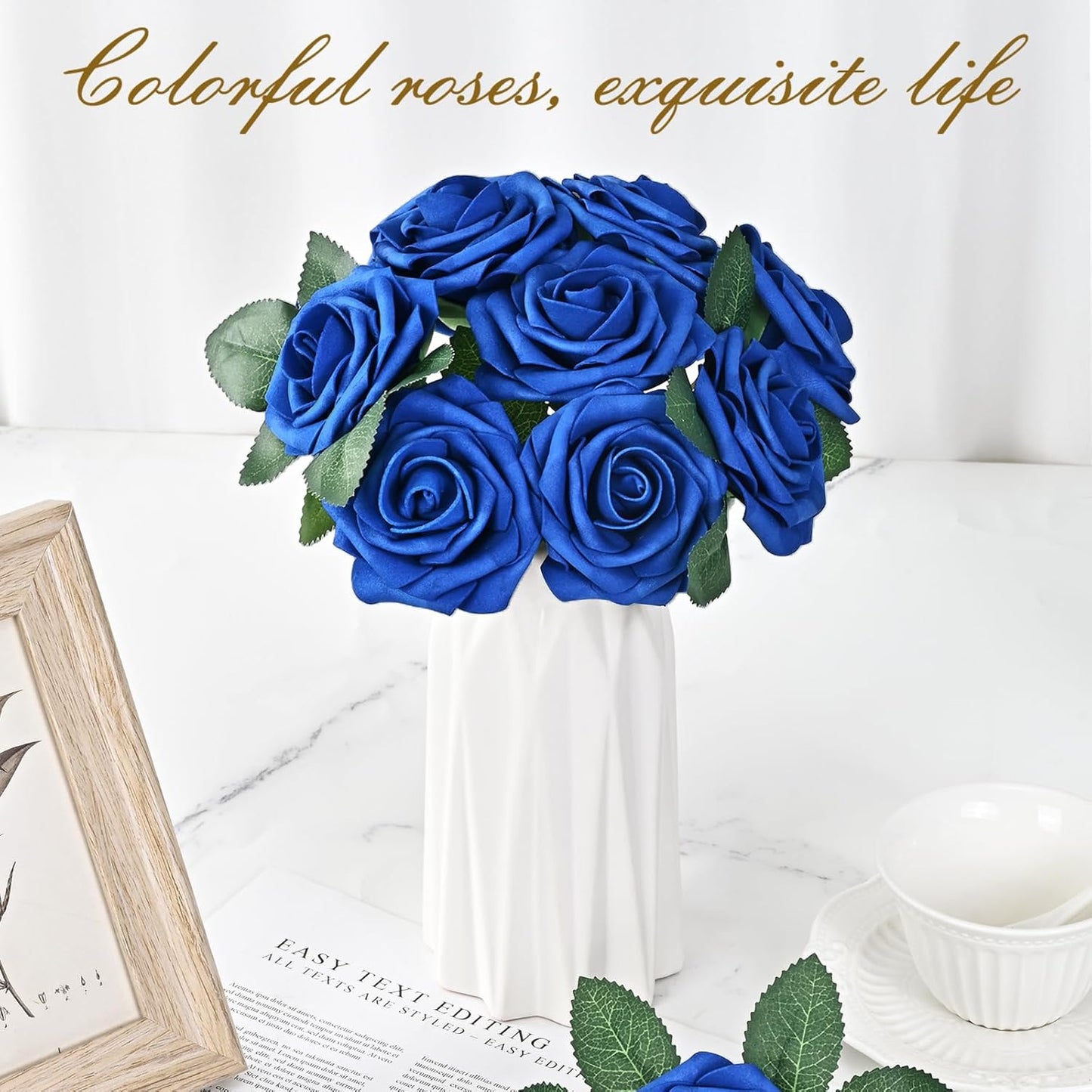 BLEUM CADE 16Pcs Artificial Flowers Fake Roses with Stems, Royal Blue Boxed Foam Roses for DIY Bouquets Centerpieces Wedding Party Arrangement Bridal Shower Decor