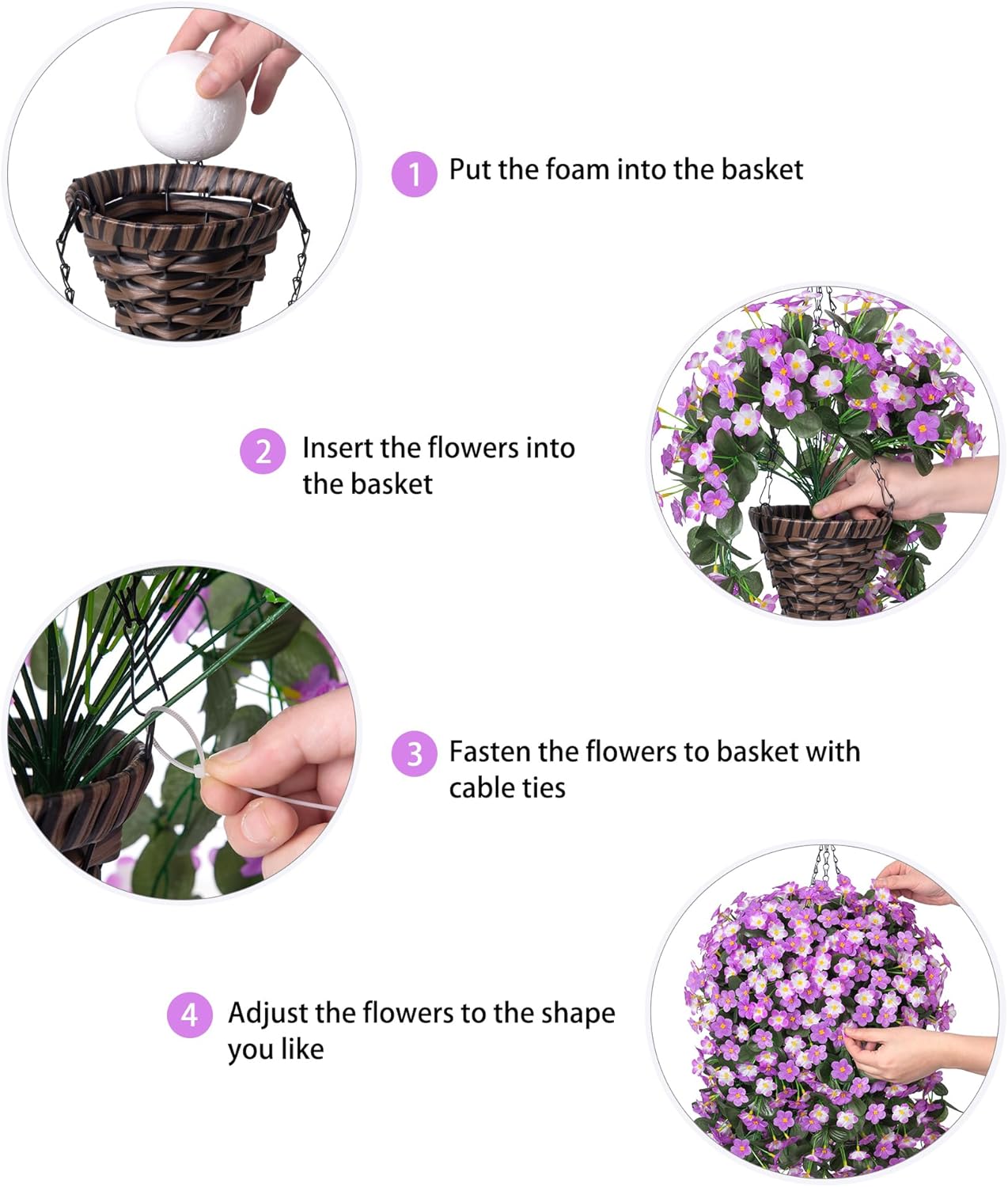 Artificial Fake Hanging Flowers with Basket for Outdoor Decoration,UV Resistant Faux Silk Light Fuchsia and Fuchsia Orchid Flowers Vines in Planter Realistic Hanging Baskets for Home Porch Garden