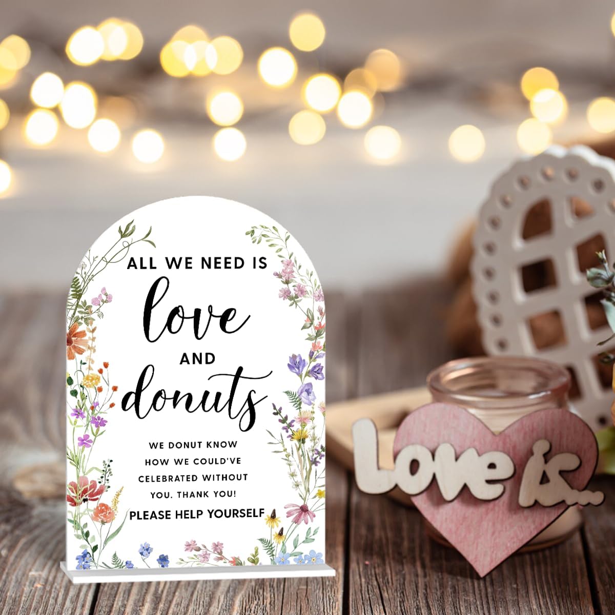 Acrylic Wedding Signs, Love and Donuts Signs for Marriage Reception, Bridal Shower Decorations, Modern Arched Round Top Acrylic Table Top Sign with Holder for Wedding Party Dinner (White Wildflowers)
