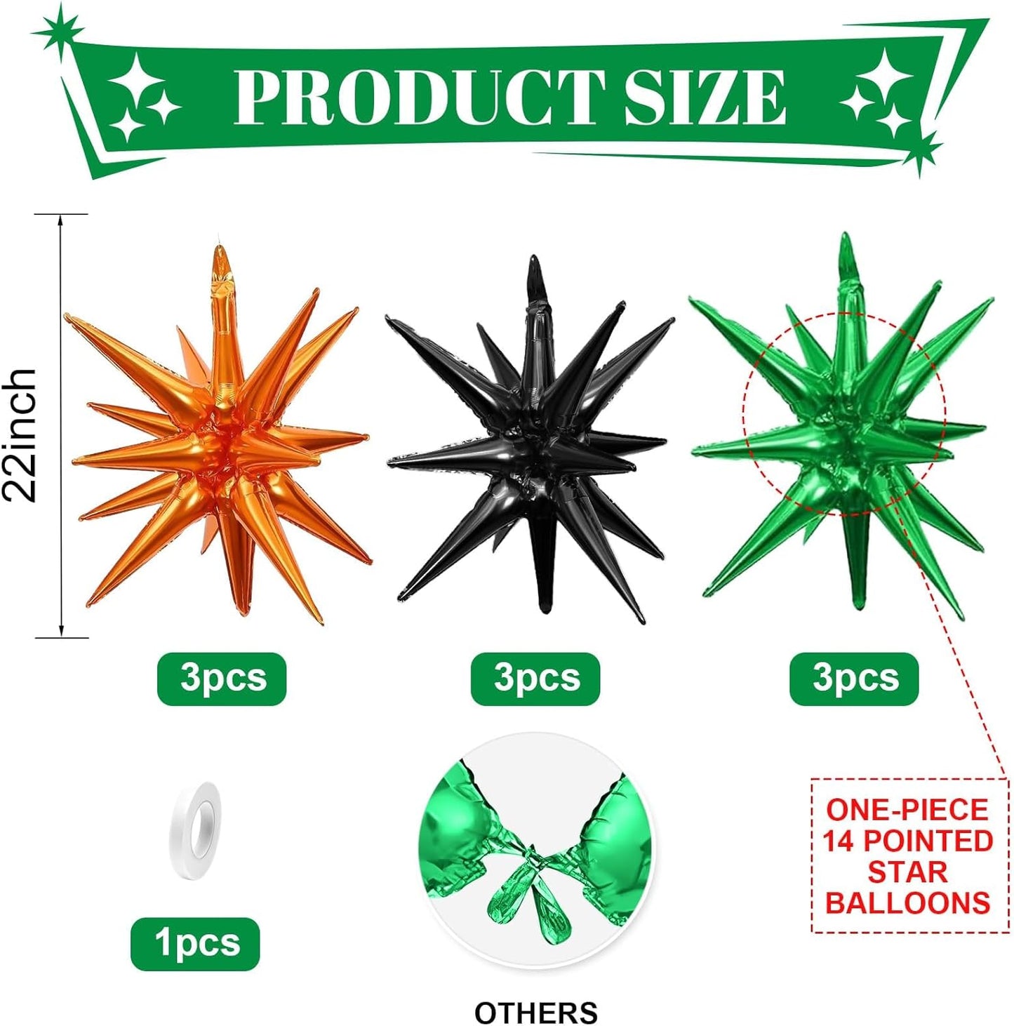 Black Green Orange Star Balloons,9Pcs 22Inch Black Orange Green Explosion Spike Cone Helium Polyester Film Star Foil Balloons for Halloween Birthday Baby Shower Party Decorations