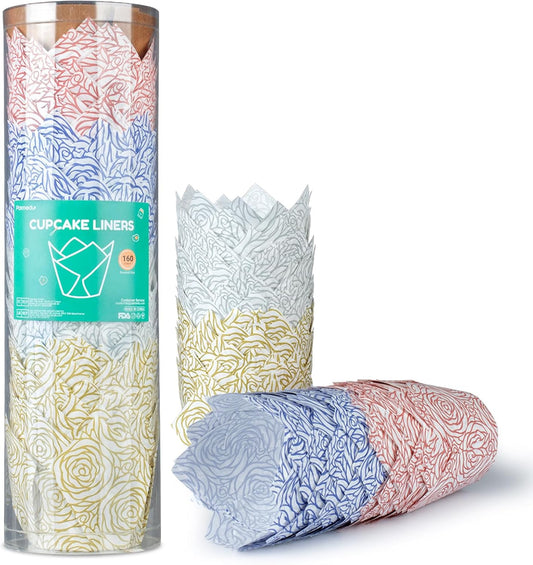 160pcs Tulip Paper Cupcake & Muffin Liners Oil Resistant - Standard Size 4 Colors Rose Pattern Baking Cups Cupcake Wrappers, Model BK010