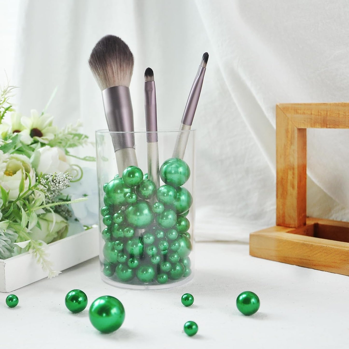 260Pcs Green Glossy Beads for Centerpiece Decor, Artifical Pearls Vase Filler, Makeup Brush Beads, No Hole Round Pearl Beads for Wedding Birthday Christmas Party Home Decor(18mm 14mm 6mm)