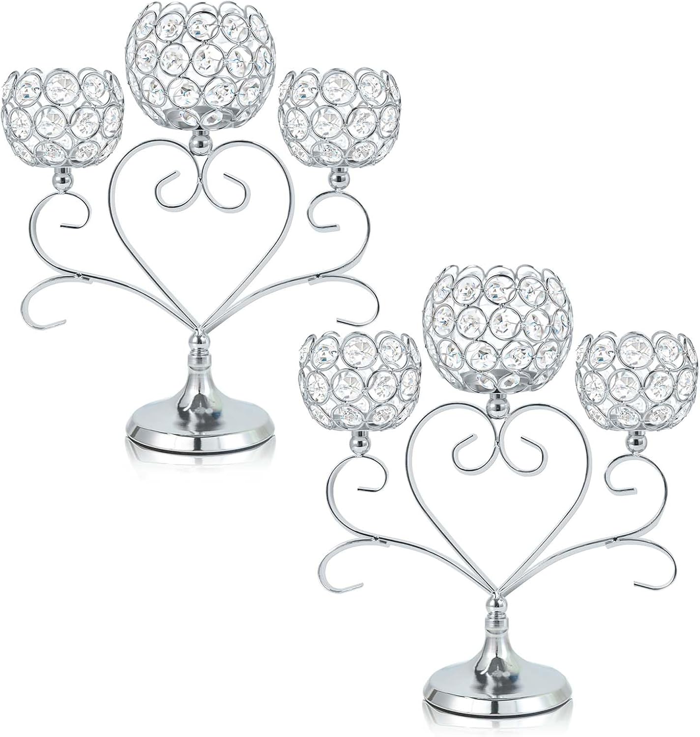 2 Pcs 3-Arm Heart Tea Light Candle Holder - Crystal & Metal Wedding Centerpiece Decor, Sparkling Table Decor for Anniversaries/Romantic Tabletop Home/Dinner Party/Events (2, Silver)