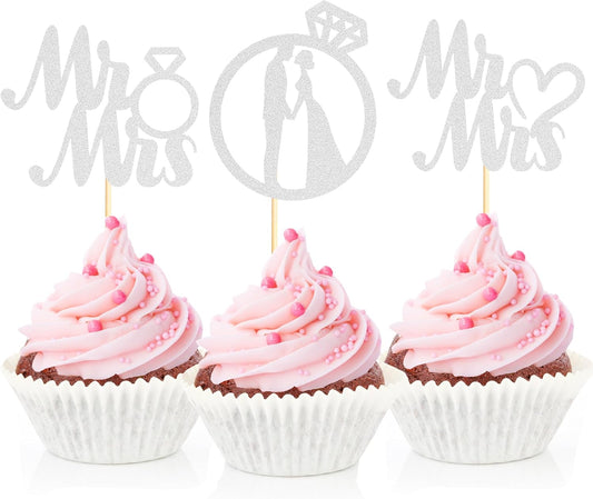 Sotpot 24PCS Miss to Mrs Cupcake Toppers with Ring Silver Glitter for Wedding Bridal Shower Wedding Engagement Party Cake Decorations