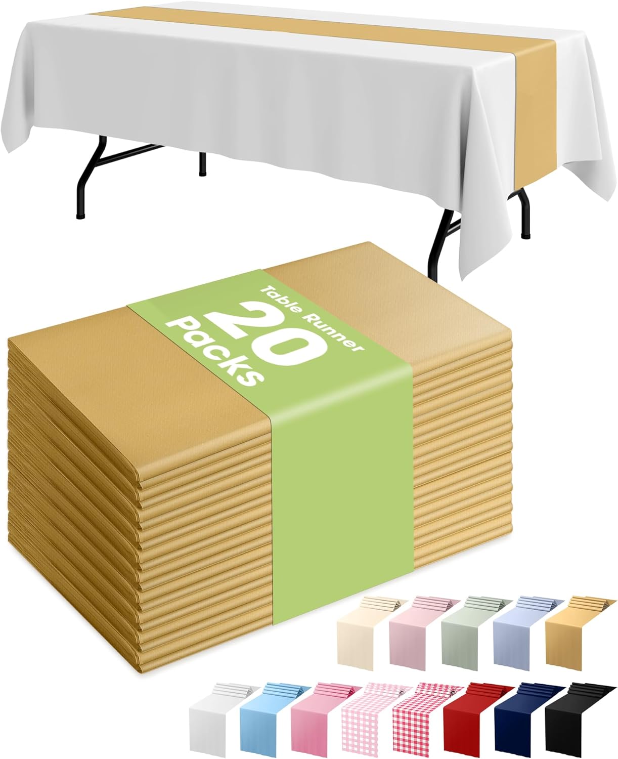 Pureegg Gold Plastic Table Runners - 20 Pack, 14'' x 108'', Water Resistant & Disposable Centerpiece Decorations for Table Cloth, Wedding, Birthday, Holiday, Baby Shower, Party, Home Decor
