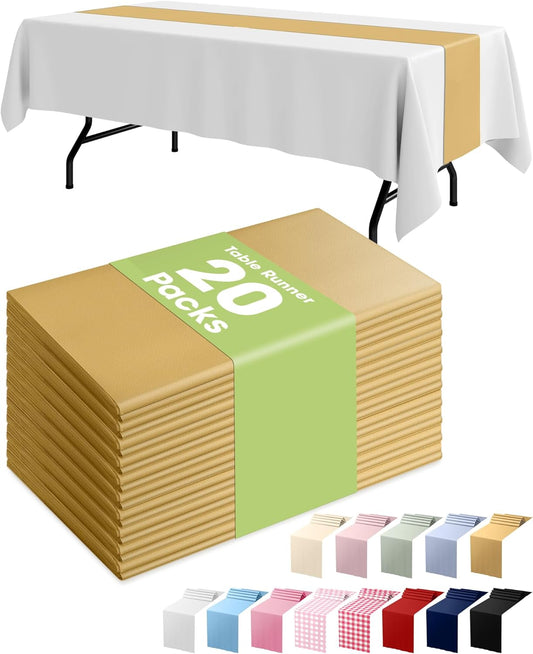 Pureegg Gold Plastic Table Runners - 20 Pack, 14'' x 108'', Water Resistant & Disposable Centerpiece Decorations for Table Cloth, Wedding, Birthday, Holiday, Baby Shower, Party, Home Decor