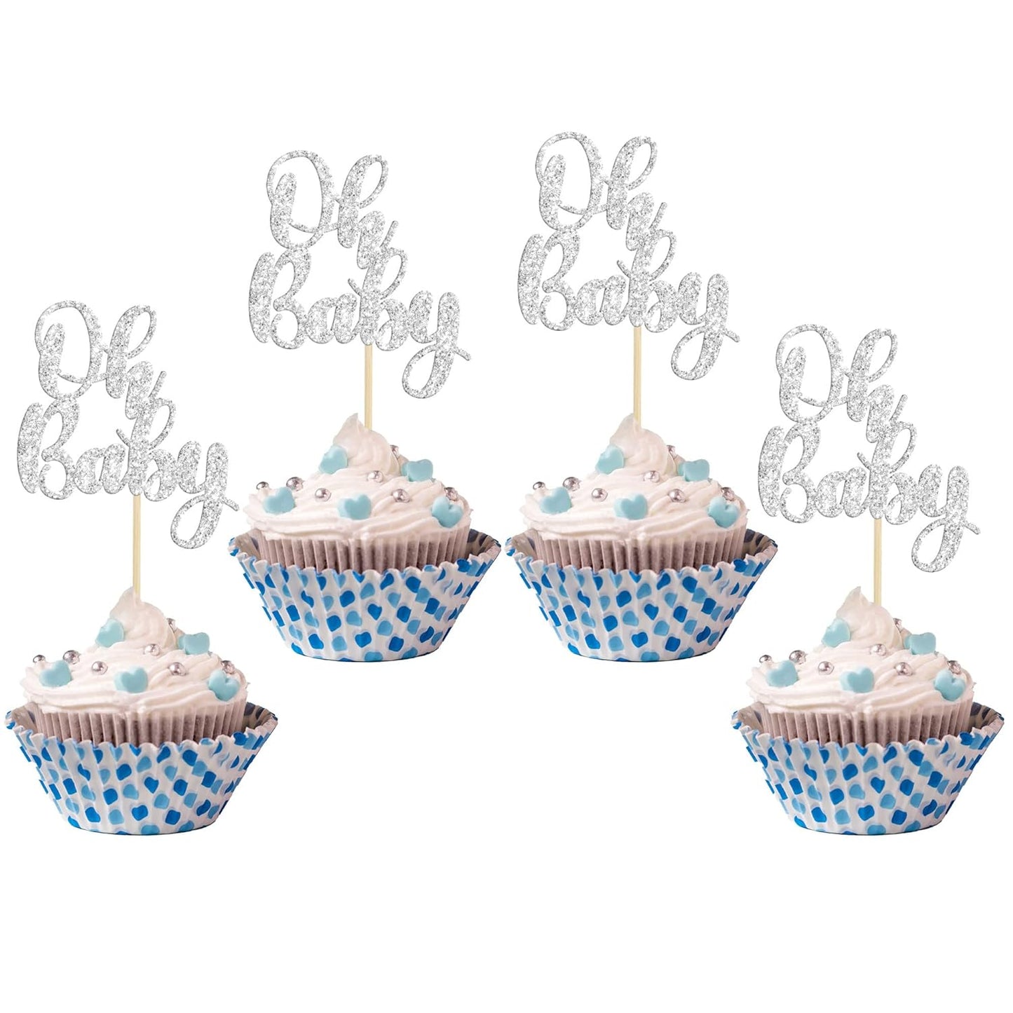 Gyufise 36 Pack Oh Baby Cupcake Toppers Silver Glitter Baby Shower Cupcake Picks Boys Girls Birthday Party Cake Decorations