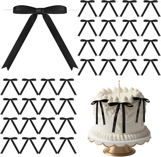 Riceshoot 50 Pcs Twist Tie Bows for Cake 3x4.5 Inch Satin Ribbon Bows for Gift Wrapping Treat Bags Craft DIY Wedding Baby Shower Birthday Party(Black)