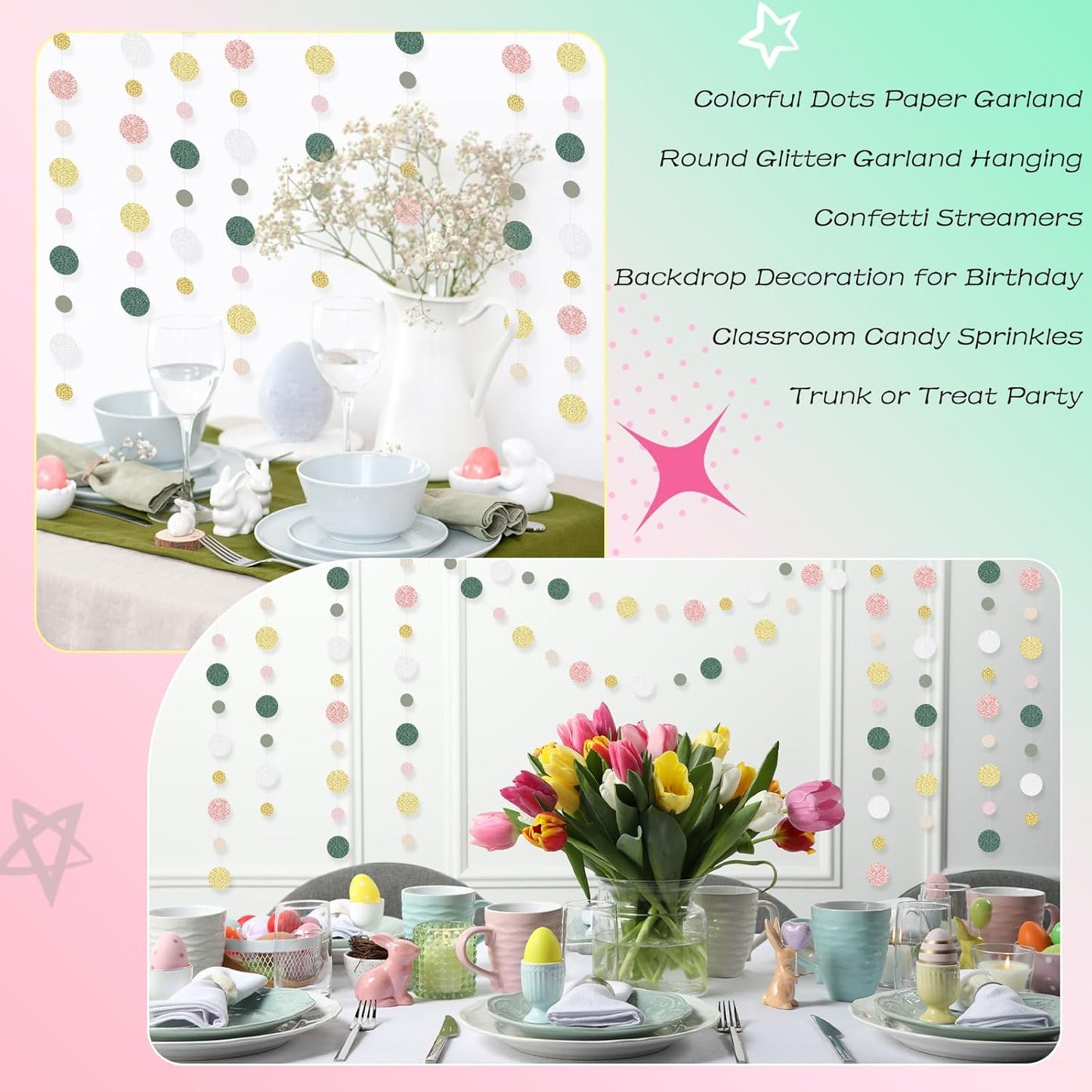 Outus 10 Pieces Colorful Dots Paper Garland Round Glitter Garland Hanging Confetti Streamers Backdrop for Candy Birthday Classroom Halloween Trunk or Treat Car Decoration (Sage Green,Pink,Gold)