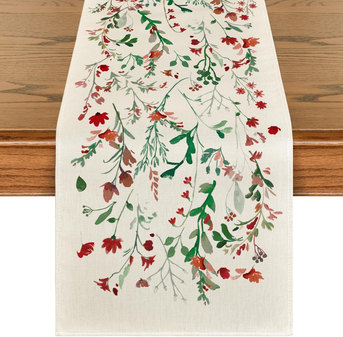 Artoid Mode Floral Leaves Christmas Table Runner, Wild Flowers and Grasses Winter Kitchen Dining Table Decoration for Home Party Decor 13x108 Inch