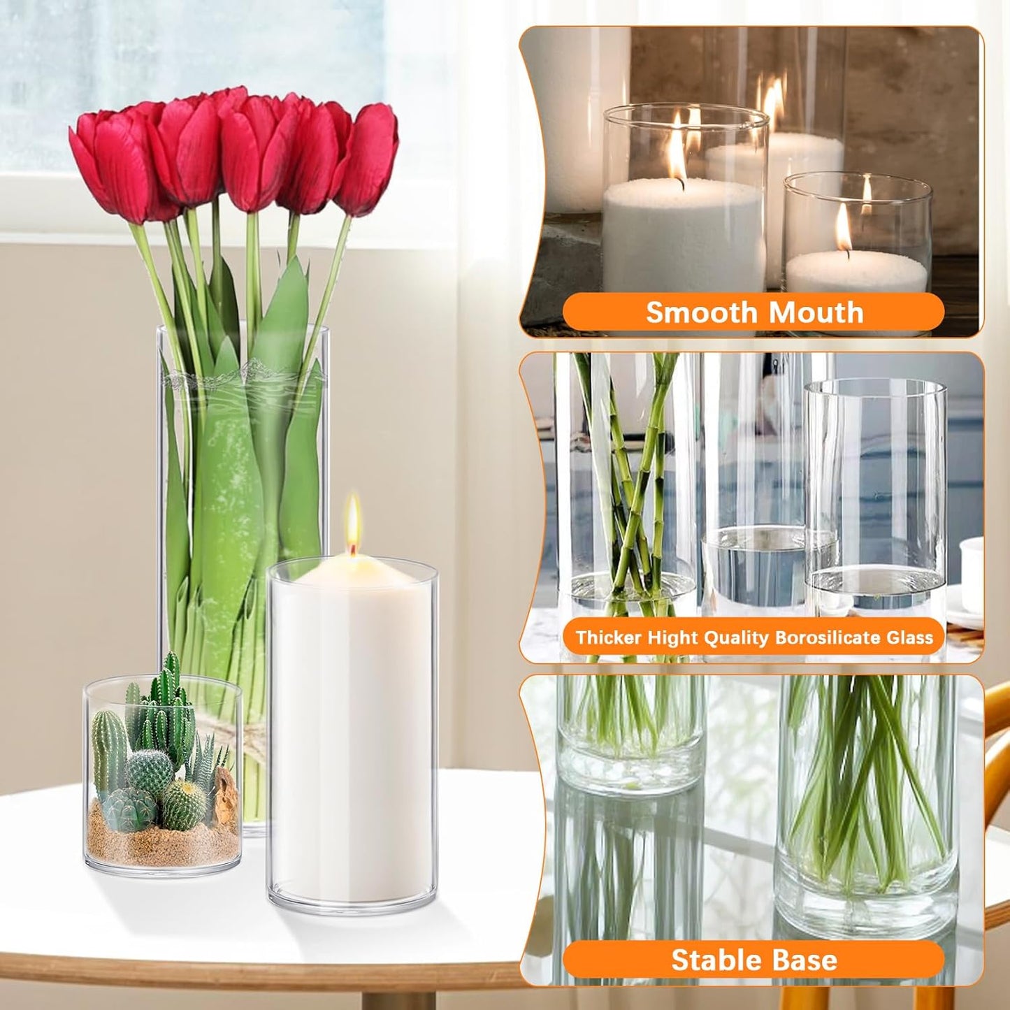 24 Pack Thick Glass Cylinder Vases 4,6,9,12 Inch Tall Clear Flower Vase Hurricane Floating Candle Holder for Table Centerpiece Wedding Home Decor