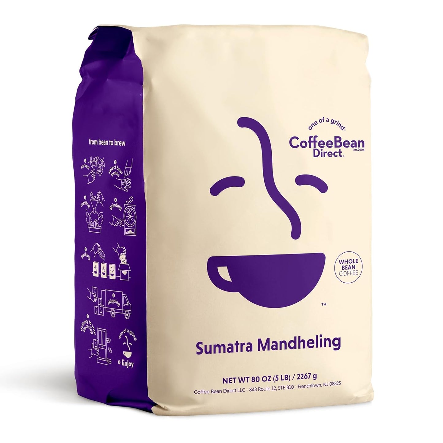 Coffee Bean Direct Sumatra Mandheling, Whole Bean Coffee, Light Roast, 5 Pound Bag (Pack of 1)