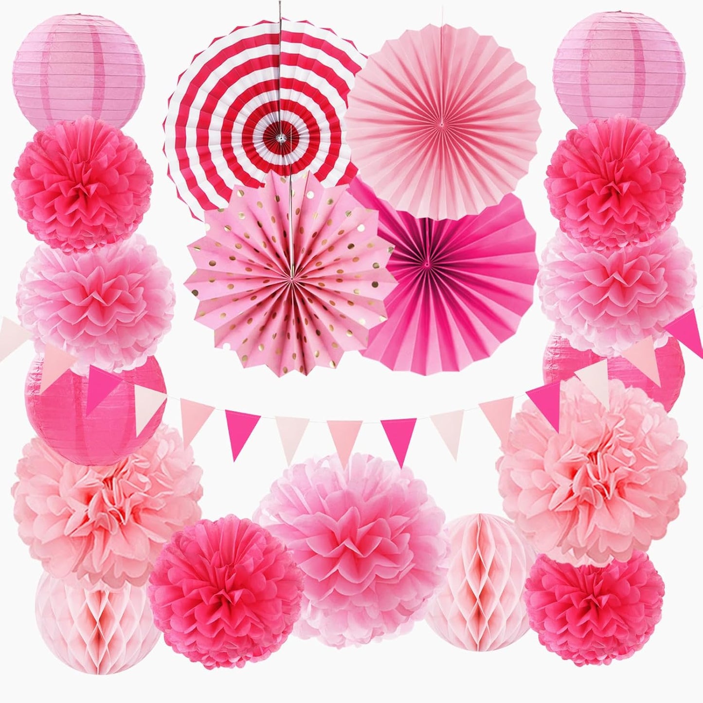 Rose Hot-Pink Party Decorations - 20pcs Paper Lanterns Fans,Tissue Pom Poms,Honeycomb Balls,Bunting,Birthday Wedding Bachelorette Baby Shower Bridal Graduation Engagement Decor Burgleda