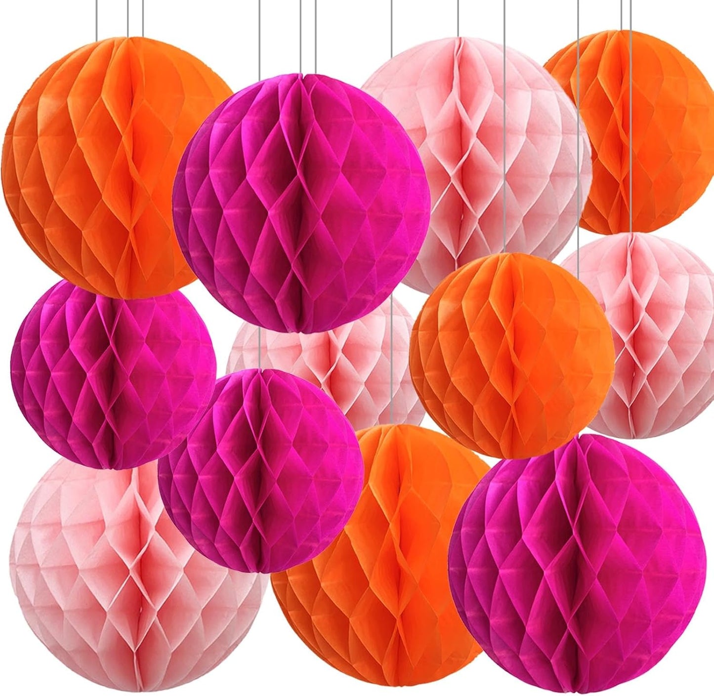 Hot Pink Orange Paper Honeycomb Balls,12 Pack Hanging Tissue Pom Poms for Birthdays,Weddings,Home Party Decoration(Hot Pink,Pink,Orange)