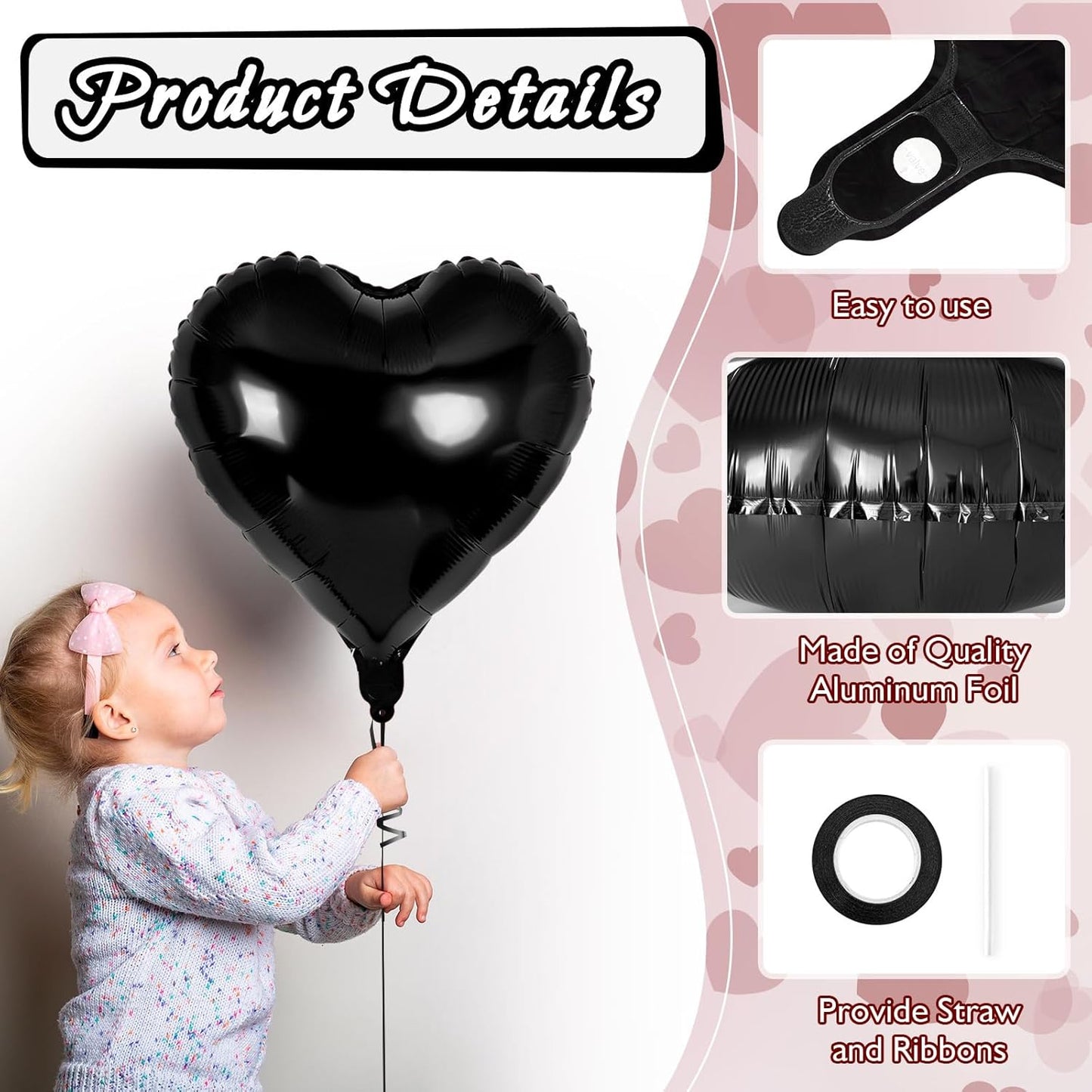 24 Pcs Black Heart Balloons,18 inch Heart Shape Foil Balloons Love Balloons Valentine Balloons for Birthday Party Wedding Engagement Party Baby Shower Valentine Day Decorations (Black)