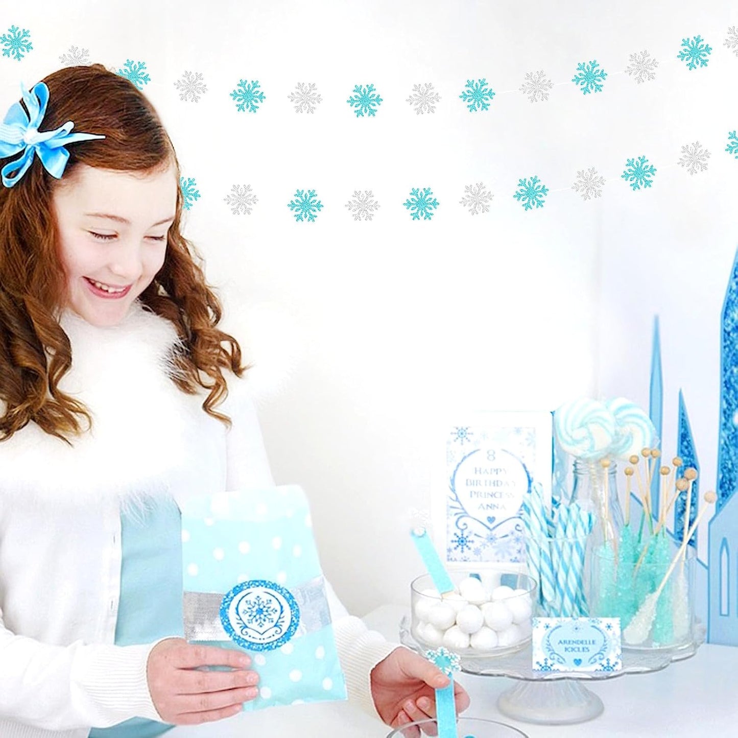 Snowflake-Snow Teal-Silver Christmas Party-Decoration Garland - 52ft Turquoise Winter Wonderland Frozen Ornaments Hanging Paper Streamers,New Years Birthday Baby Shower Wedding Ceiling Decor Hugfond