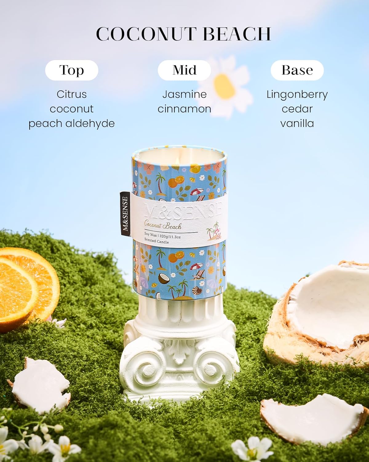 M&SENSE Coconut Beach Scented Candle, Medium Jar Candle 11.3oz Natural Soy Wax for Home Scented, Floral Candles Gift for Spring Holiday, Up to 70 Hours Burning Long-Lasting Fragrance