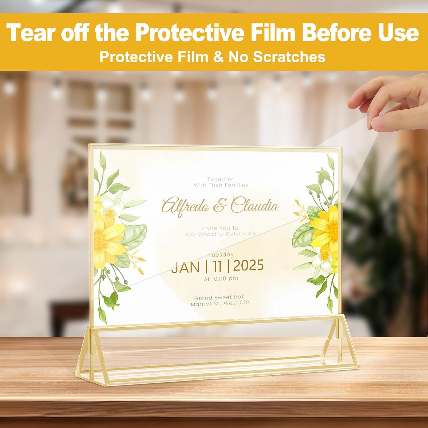 EHWINE 8 Pack Acrylic Sign Holder 8.5 x 11 Horizontal, Double-Sided Stand up Table Top Sign Holders, Gold Acrylic Picture Frame Menu Flyer Paper Holder Display Stand for Office Business Store Wedding Party