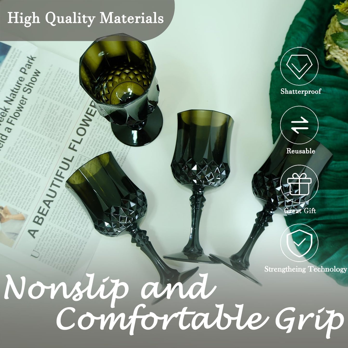 Plastic Wine Glasses，Plastic Goblets Vintage Style Cordial Drinking Glasses for Wedding Reception, Halloween Grand Event Party Supplies (48, Black)