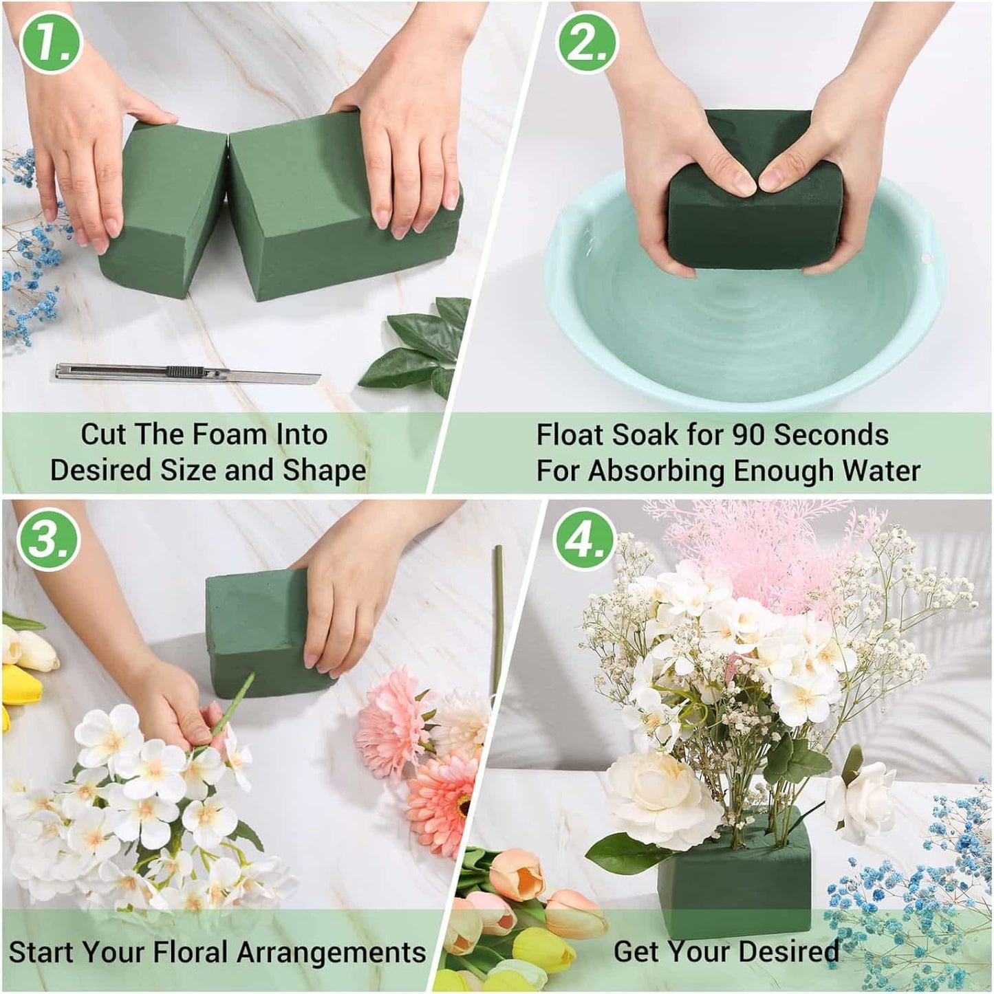 6 Pcs Floral Foam Blocks for Flower Arrangement (Larger Size 9” Lx4.3” Wx3” H) Wet and Dry Green Floral Foam for Wedding, Birthdays, Home Decorations