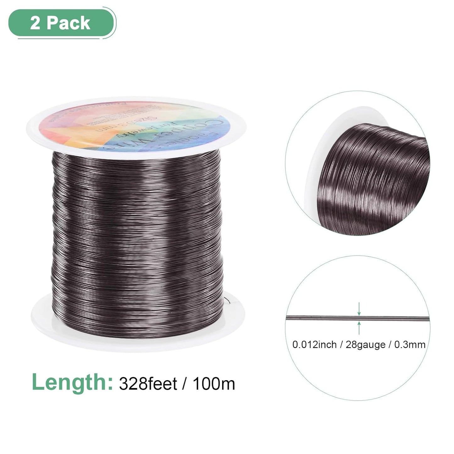 2-Rolls 0.3mm Jewelry Wire, 28 Gauge 328FT Craft Wire Copper Beading Wire for Jewelry Making/Planting/Weaving/DIY Crafting, Soft Metal Wires [100M, Metallic Black]