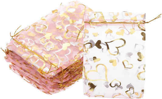 PATIKIL 100 Pcs 4x6 Inch Heart Printed Organza Bags, Pink Sheer Heart Organza Bags with Drawstring for Christmas Candy Jewelry Party Wedding Favor Gift