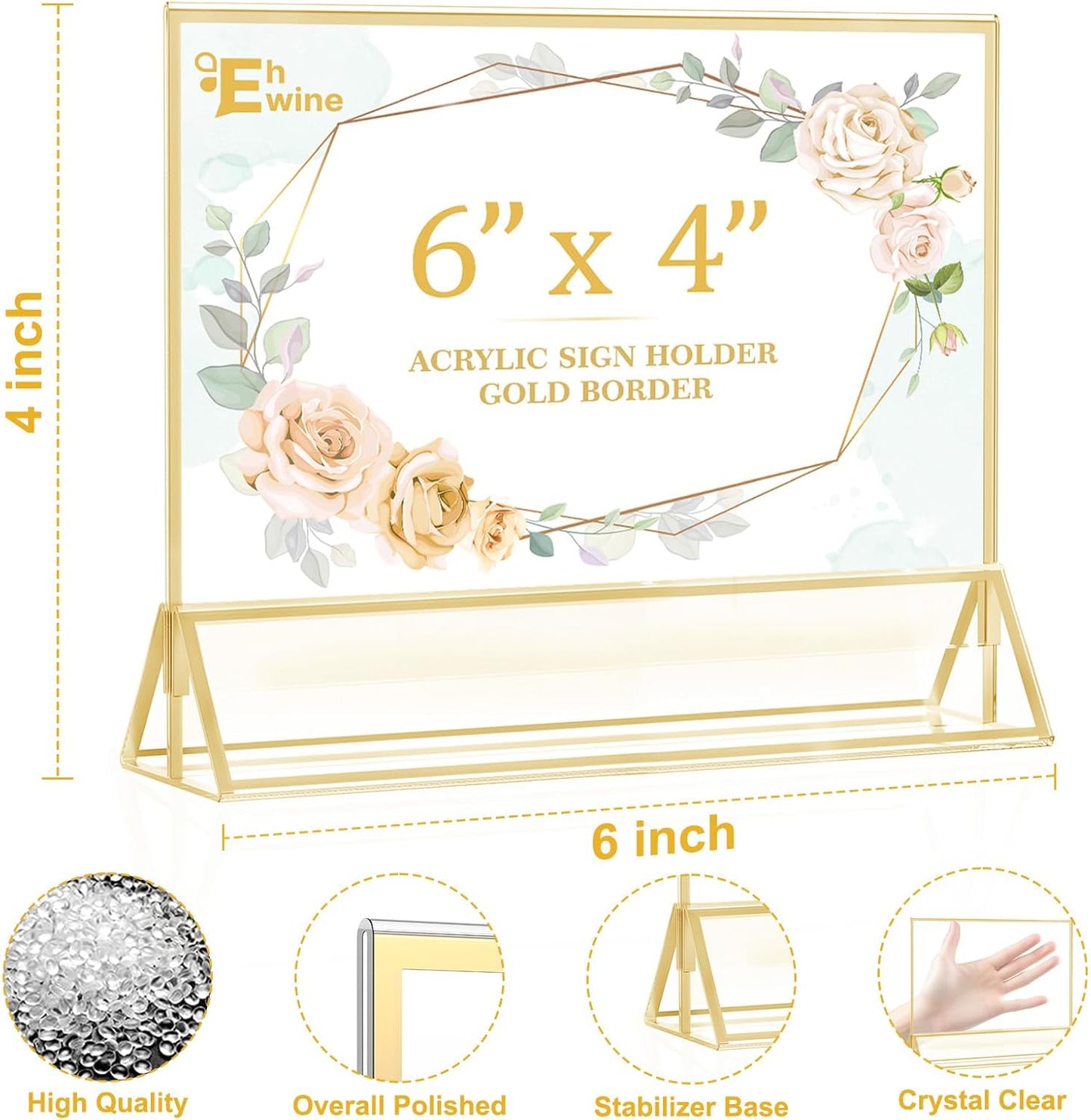 EHWINE 24 Pack Acrylic Sign Holder 4 x 6 Horizontal, Double-Sided Stand up Table Top Sign Holders, Gold Acrylic Picture Frame Menu Flyer Paper Holder Display Stand for Office Business Store Wedding Party