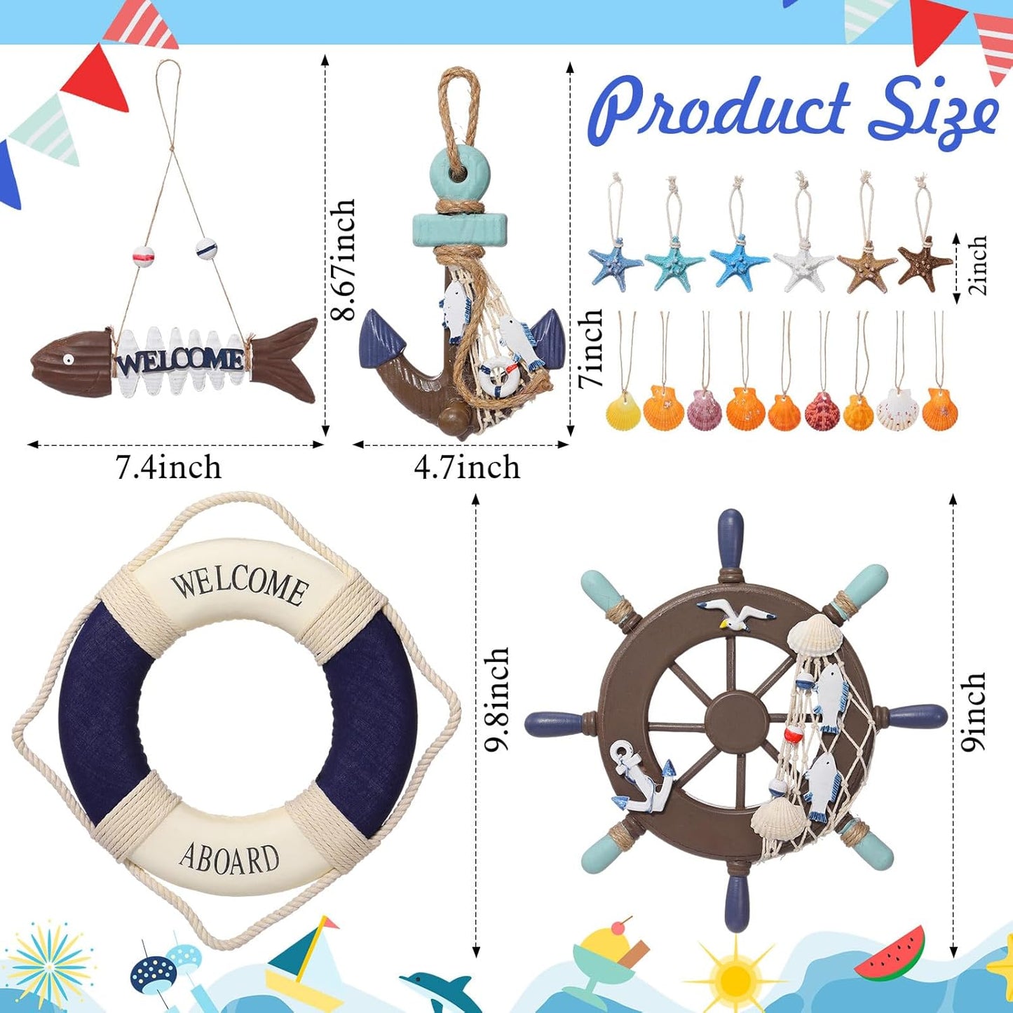 Marsui 11 Pcs Wooden Nautical Wall Decor Fishing Net Decoration, Include Decorative Fishing Net, Ship wheel, Fish Skeleton, Life Ring, Anchor, Starfish Beach Decor for Mediterranean Party (Brown)