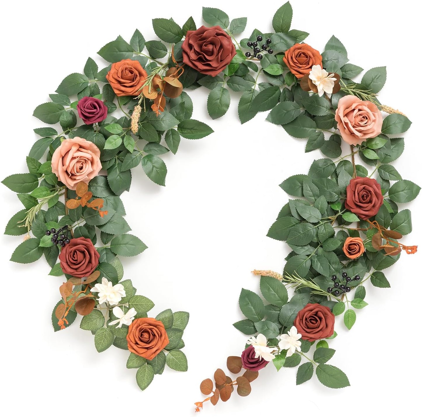 Ling's moment 5FT Terracotta Artificial Flower Garland Rose Eucalyptus Leaves Fall Floral Garland Burnt Orange Arch Flowers Vine for Wedding Party Backdrop Decor Mantel Table Centerpieces Decorations