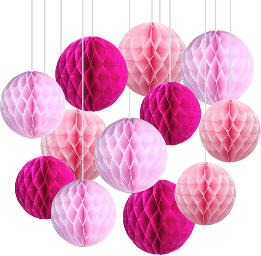 CC wonderland zone 12pcs Pink Paper Honeycomb Balls,Hanging Tissue Pom poms for Party Decoration,6inch&10inch