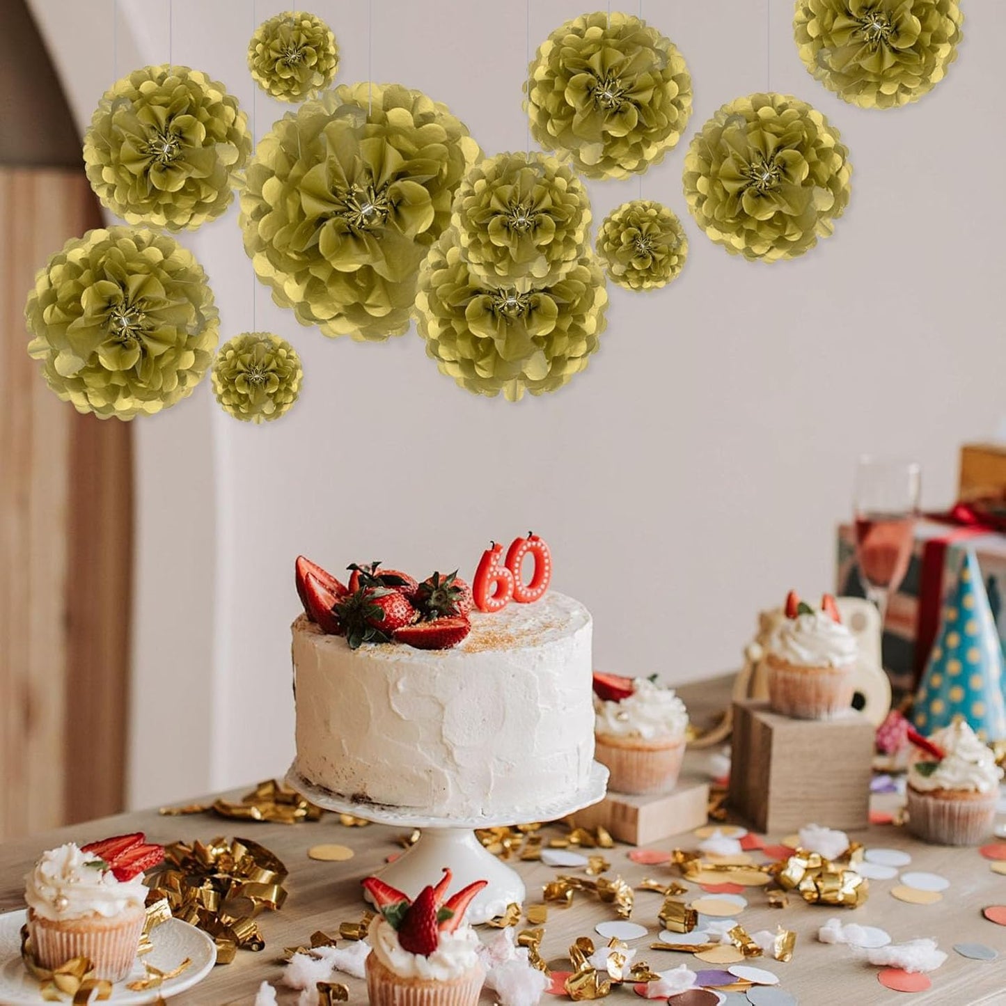 Tissue Paper Pom Poms, Gold Tissue Paper Flowers, Hanging Flower Balls for Weddings Fiesta Parties Birthday Baby Showers Classroom Bridal Shower Decoration (20Piece Set-6/10/12/14Inch)
