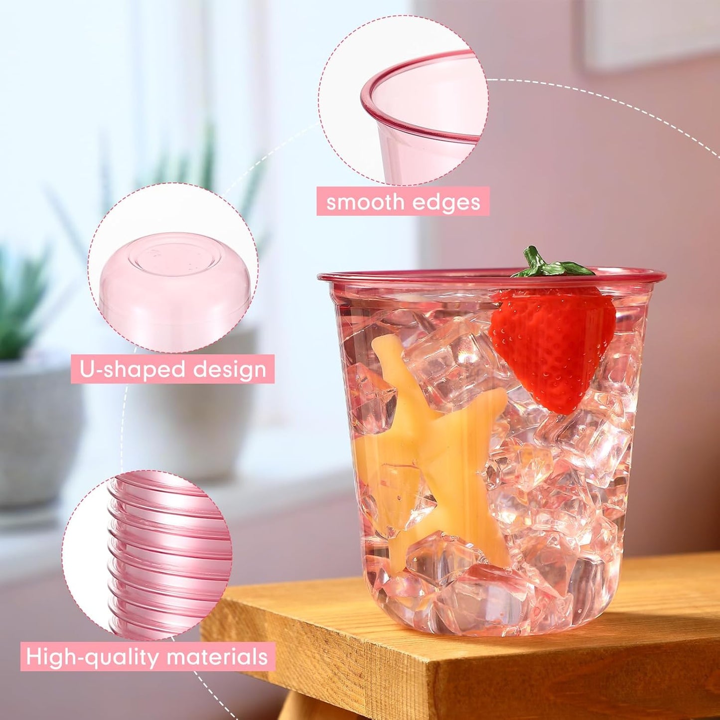 50 Pcs Disposable Stemless Glasses 12oz Crystal Plastic Wine Glasses Clear Classic Pet Cup for Meeting Weddings Birthdays Cocktail Christmas Party Supplies (Pink)
