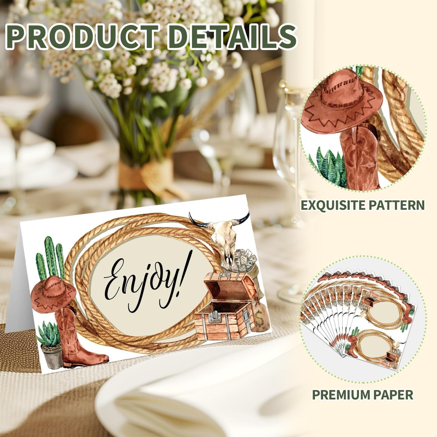 25 Western Cowboy Place Cards for Table Seating, Birthday Name Place Card, Tent Cards for Baby Shower Reception Dinner Party Decorations -A30