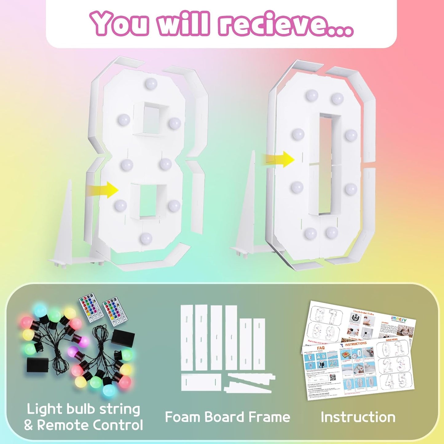 Marquee Numbers 80th-Birthday Decoration: Colorful 3FT Large Light Up 80 Year Old Birthday Decorations Anniversary Backdrop for Boys Girls Cardboard Sign 18 Colors Number 80 Mosaic Balloon Frame