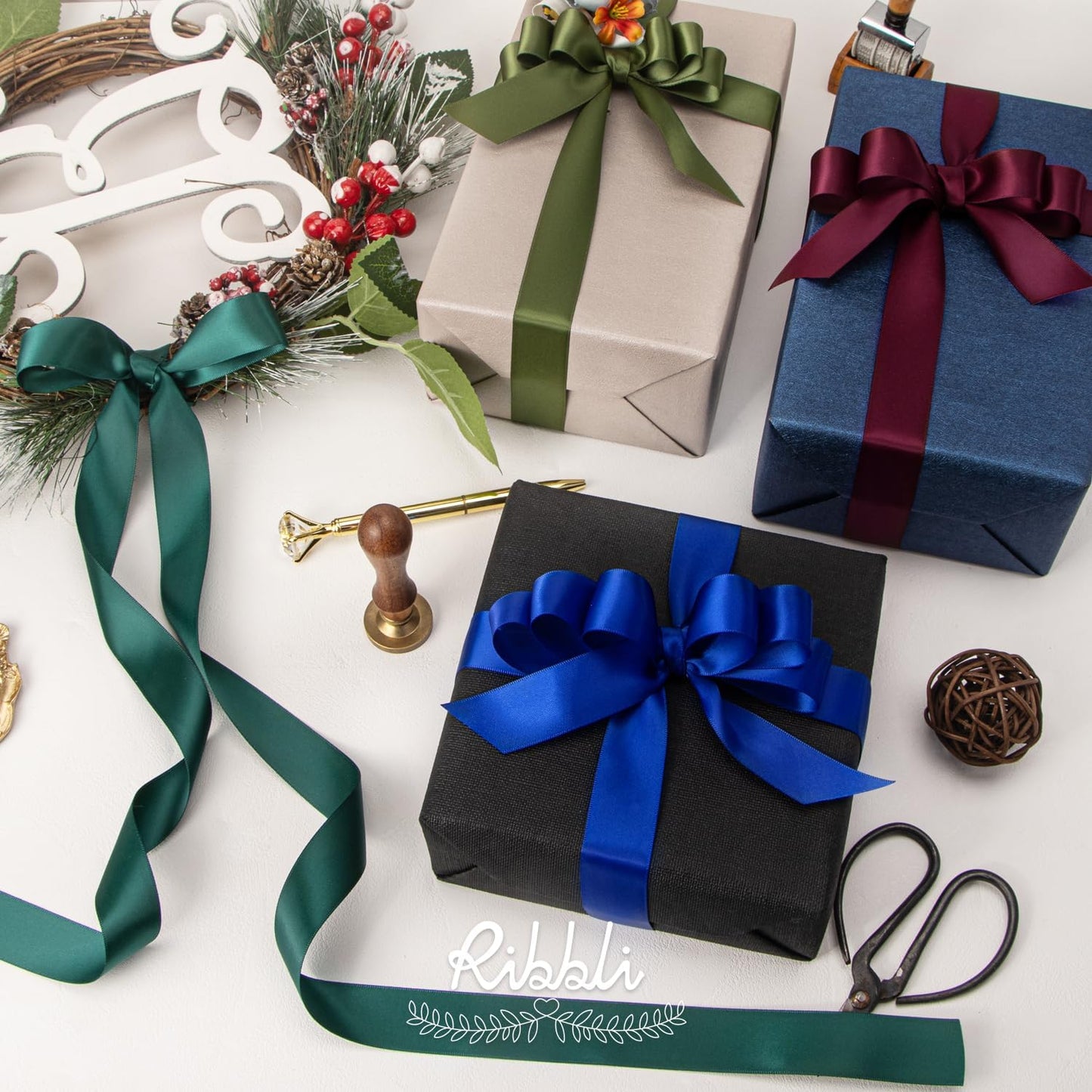 Ribbli Moss Green Satin Ribbon,Double Faced Satin 1 inch x Continuous 25 Yards,Use for Bows Bouquet,Gift Wrapping,Wedding Decoration,Floral Arrangement