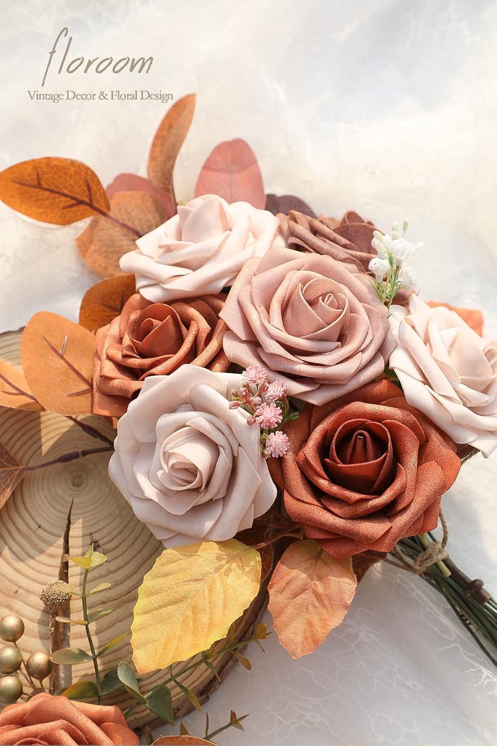 Floroom Artificial Flowers 25pcs Real Looking Burnt Orange Ombre Colors Foam Fake Roses with Stems for DIY Wedding Bouquets Bridal Shower Floral Centerpieces Party Tables Home Decorations