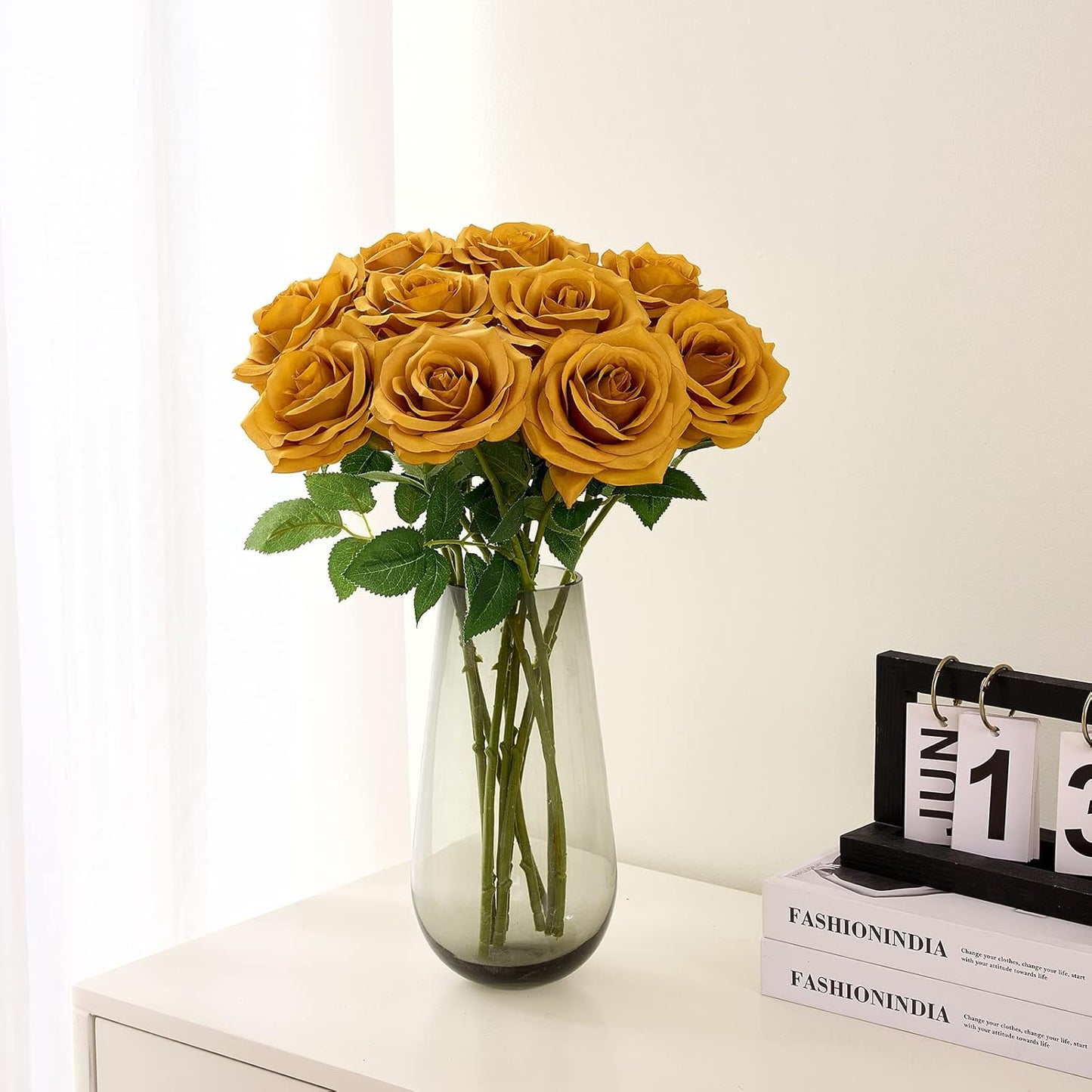 Artificial Rose 10pcs Open Flower Bouquet Faux Rose Stems for Wedding Arrangement, Bridal Bouquet, Centerpiece, Fake Faux Silk Flowers (Mustard Yellow)