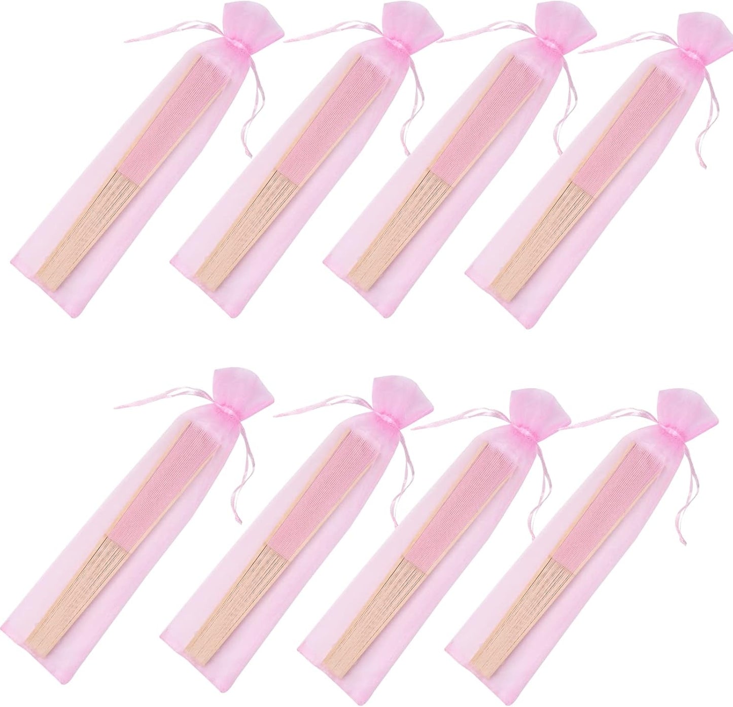 24pcs Imitated Silk Hand Fan Imitated Silk Fabric Bamboo Handheld Folded Fan Bridal Dancing Props Church Wedding Party Favors with Organza Bags (Pink)