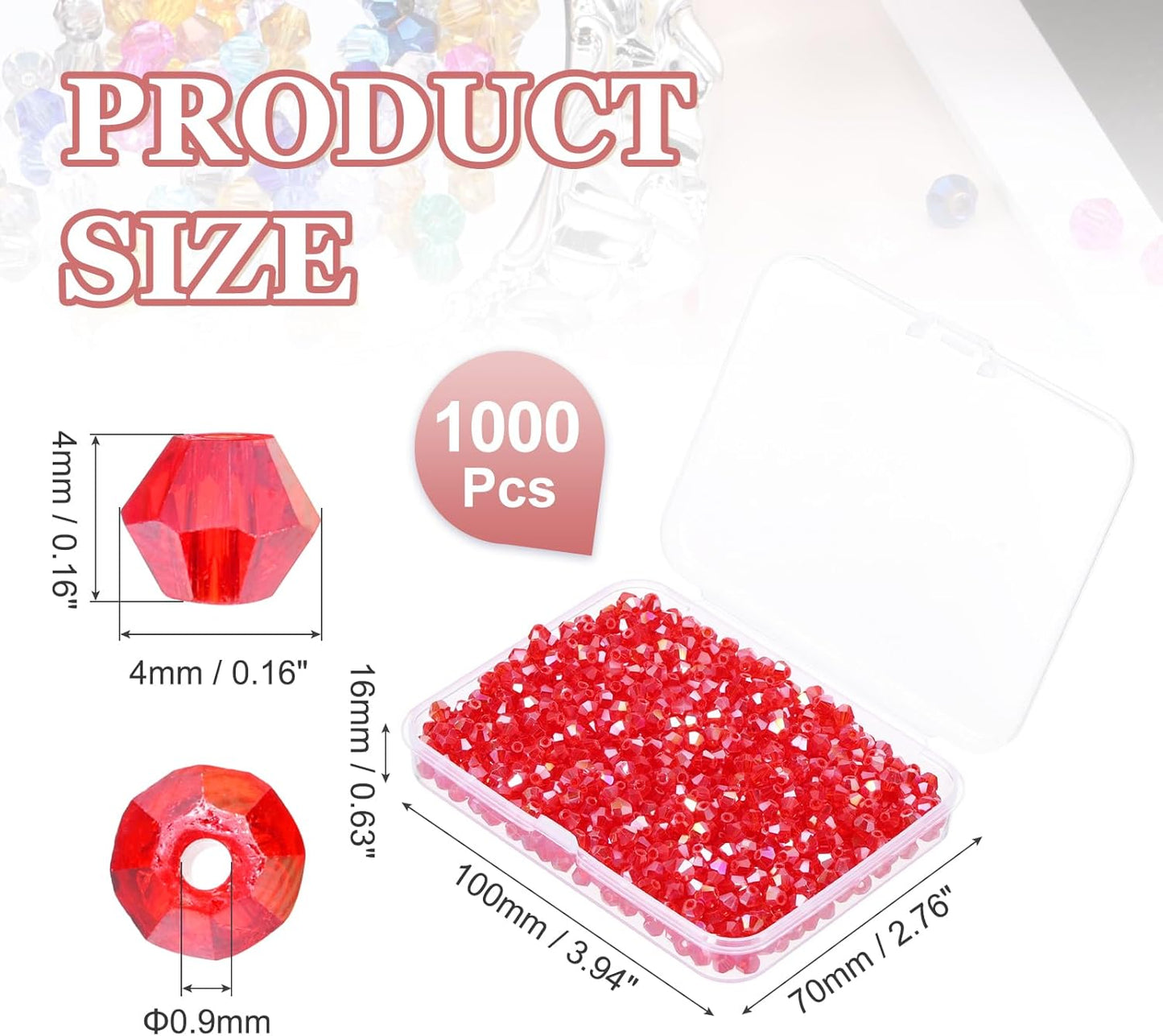 PATIKIL 1000pcs 4mm Bicone Glass Crystal Beads, Faceted Glass Spacer Beads with Box for Jewelry Making Bracelet Necklace Earrings DIY Suncatcher Craft, Red AB