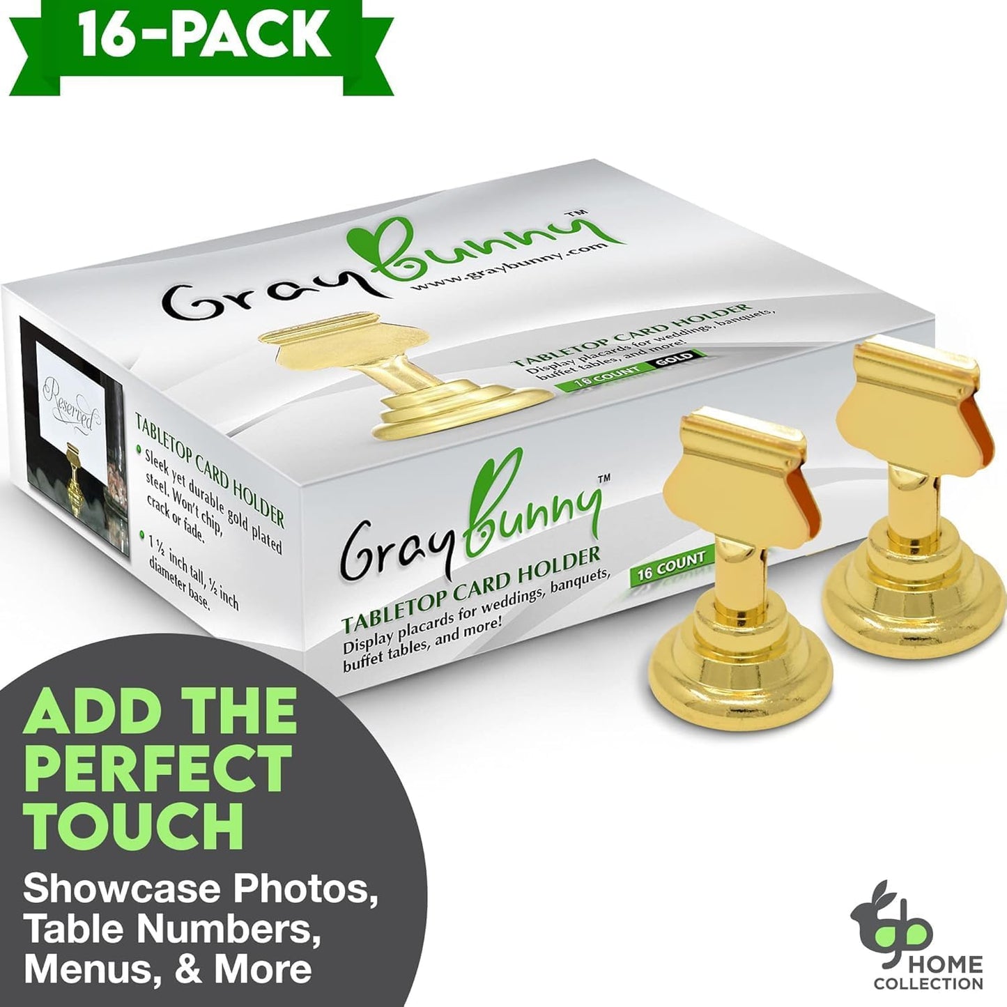 Gray Bunny Table Number Holders (16pc) Premium Gold Metal Place Card Holders for Wedding Party Table Decor Card Holder (1.7 inch tall)