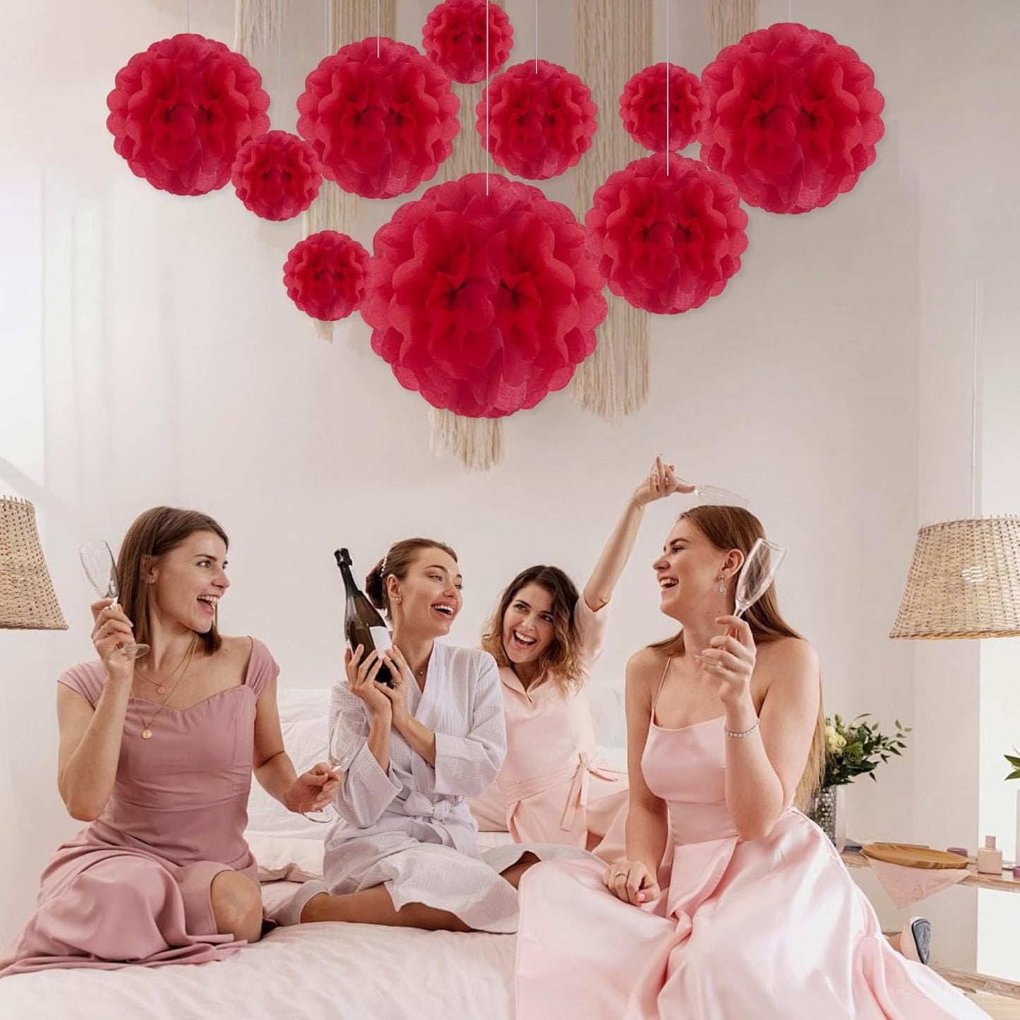 Tissue Paper Pom Poms, Red Tissue Paper Flowers, Hanging Flower Balls for Weddings Fiesta Parties Birthday Baby Showers Classroom Bridal Shower Decoration (20Piece Set-6/10/12/14Inch)