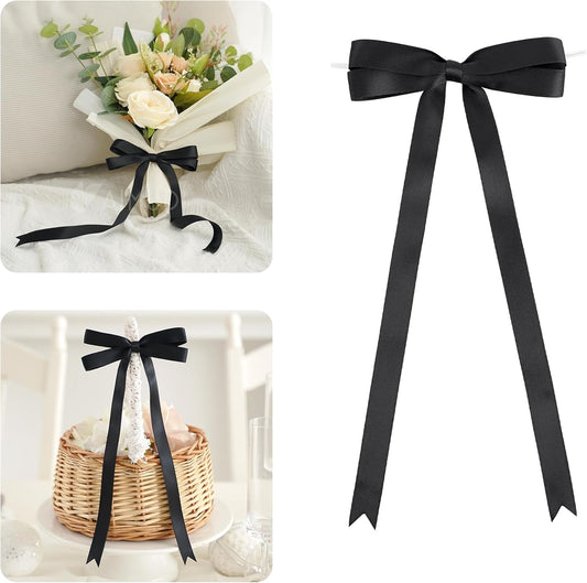 AIMUDI Black Bow 5 × 10" Satin Bow for Gift Wrapping Twist Tie Bows Premade Ribbon Bows for Bouquets Invitations Baskets Crafts Wreaths Wedding Birthday Baby Shower Party Decorations, 36 PCs